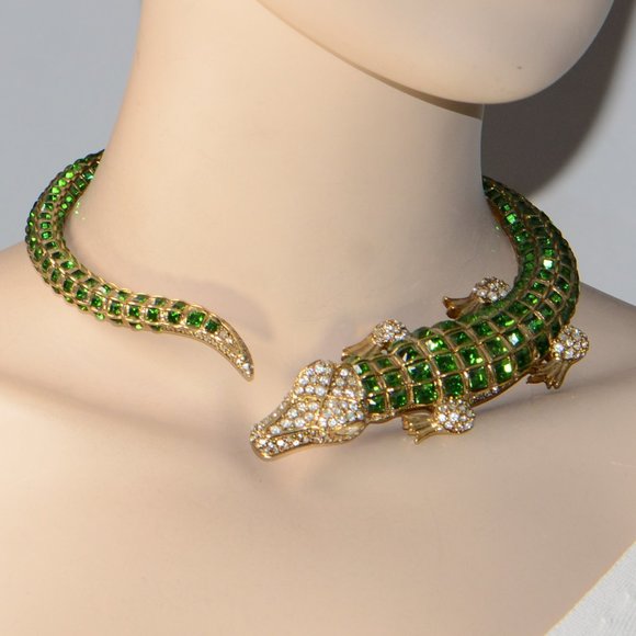 Vintage Kenneth Jay Lane KJL Gold & Crystal Alligator Collar Necklace - Picture 3 of 13